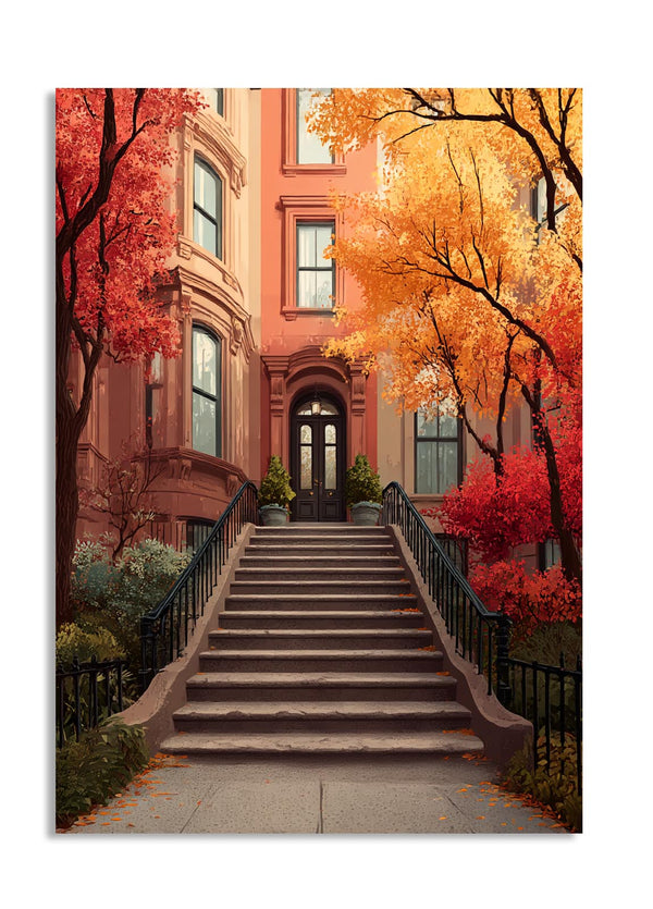 Staircase leading to a brownstone building with autumn trees on either side, as a premium aluminum metal print from GoMetalPrint.
