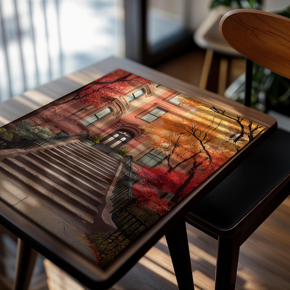 Staircase leading to a brownstone building with autumn trees on either side, as a premium aluminum metal print from GoMetalPrint.
