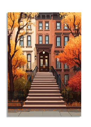 Illustration of a street with brownstones and autumn trees, as a premium aluminum metal print from GoMetalPrint.
