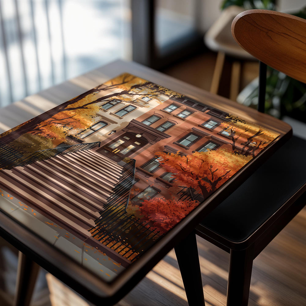 Illustration of a street with brownstones and autumn trees, as a premium aluminum metal print from GoMetalPrint.
