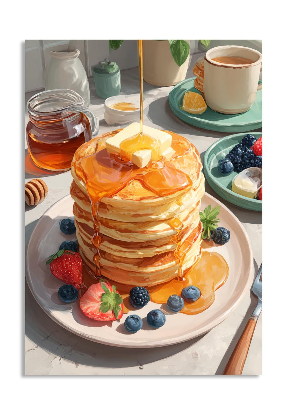 Stack of pancakes with syrup, butter, and berries on a plate with a cup of coffee and honey jar in the background, as a premium aluminum metal print from GoMetalPrint.
