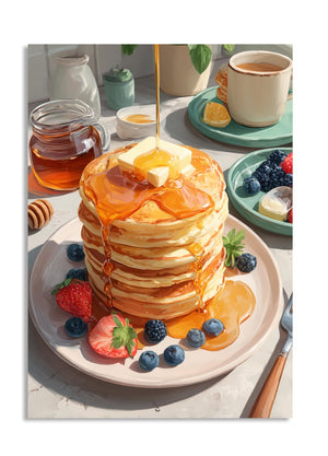 Stack of pancakes with syrup, butter, and berries on a plate with a cup of coffee and honey jar in the background, as a premium aluminum metal print from GoMetalPrint.
