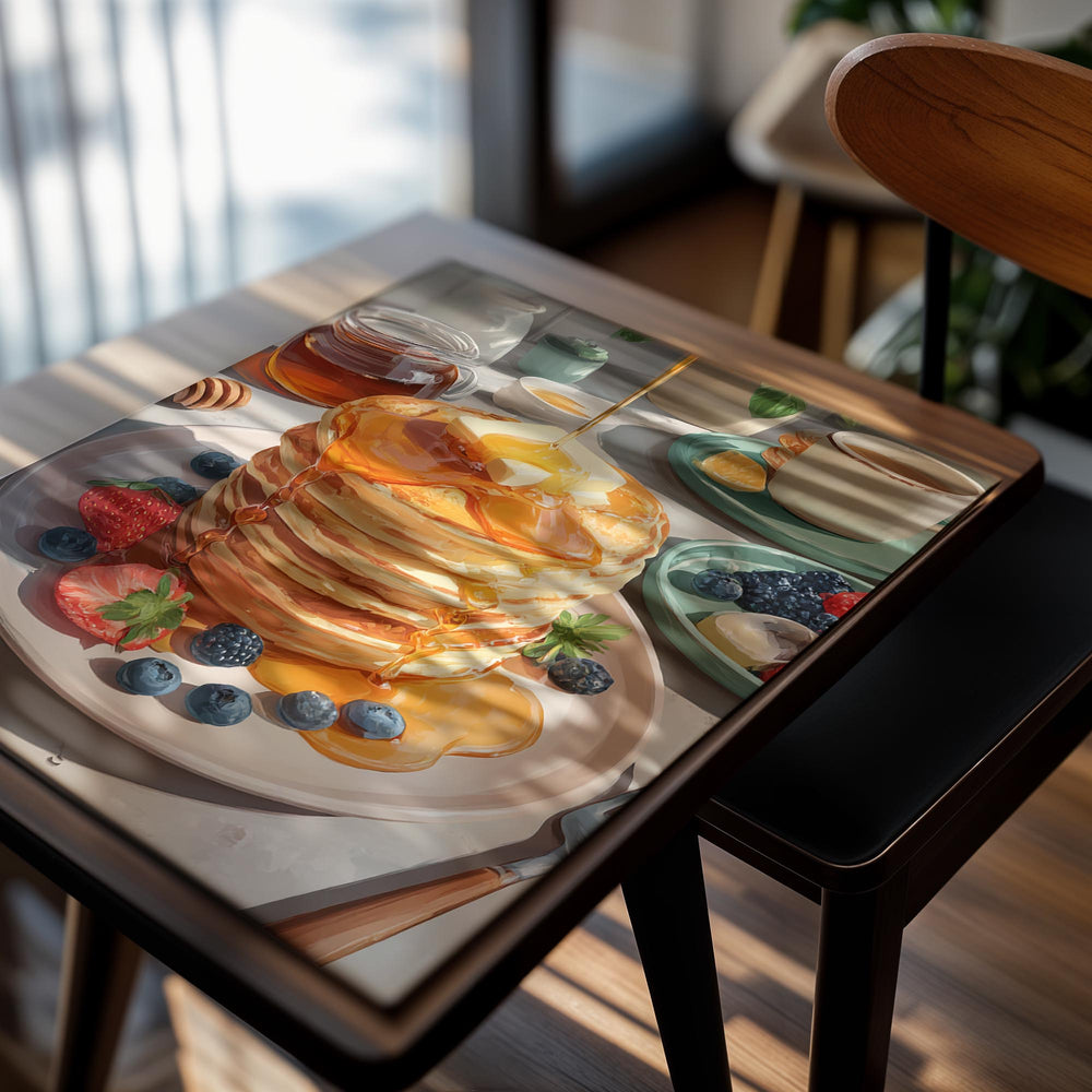 Stack of pancakes with syrup, butter, and berries on a plate with a cup of coffee and honey jar in the background, as a premium aluminum metal print from GoMetalPrint.
