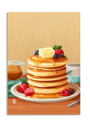 Stack of pancakes with syrup, butter, and berries on a plate with a wooden background, as a premium aluminum metal print from GoMetalPrint.
