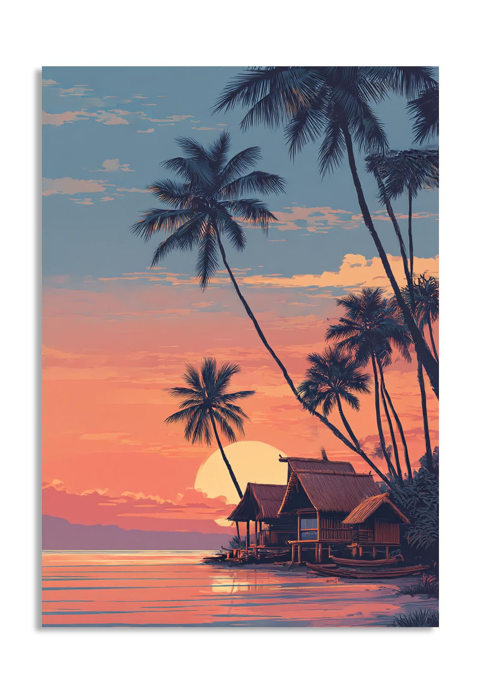 Tropical sunset scene with palm trees and a wooden cabin over water, as a premium aluminum metal print from GoMetalPrint.
