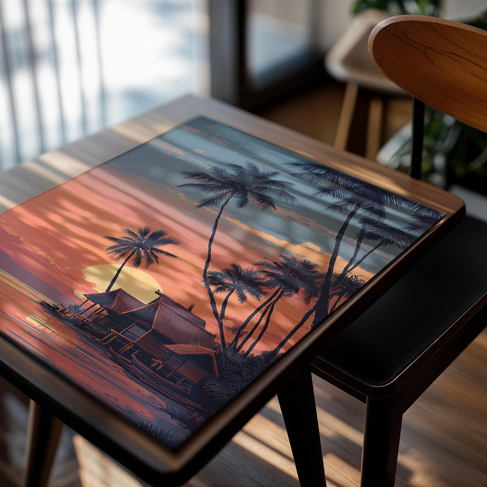 Tropical sunset scene with palm trees and a wooden cabin over water, as a premium aluminum metal print from GoMetalPrint.
