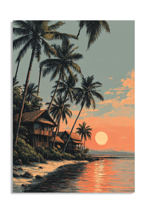 Tropical beach scene with palm trees and a hut at sunset, as a premium aluminum metal print from GoMetalPrint.
