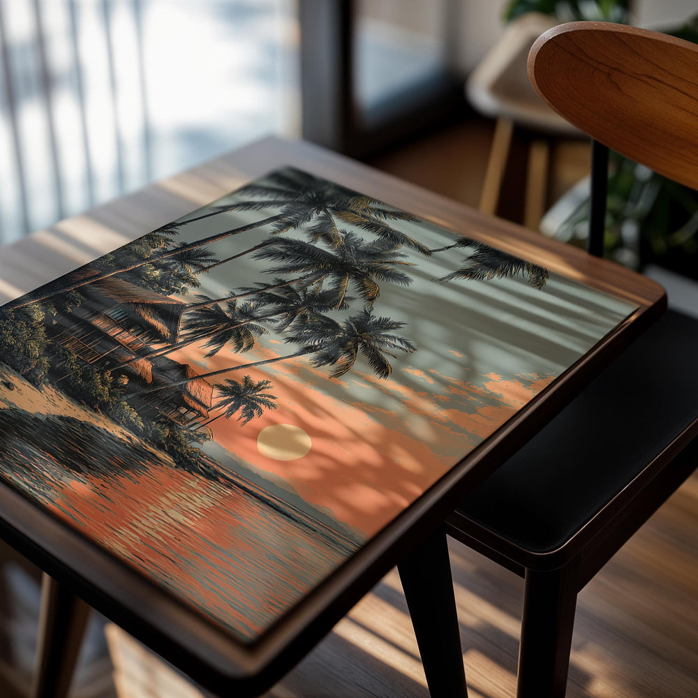 Tropical beach scene with palm trees and a hut at sunset, as a premium aluminum metal print from GoMetalPrint.
