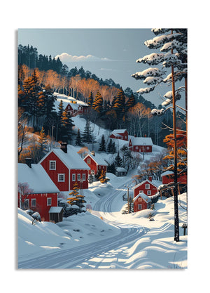 Winter village scene with red houses and snow-covered trees, as a premium aluminum metal print from GoMetalPrint.
