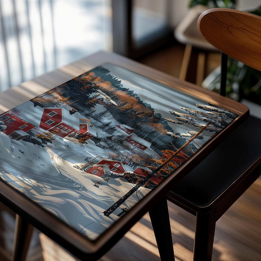 Winter village scene with red houses and snow-covered trees, as a premium aluminum metal print from GoMetalPrint.
