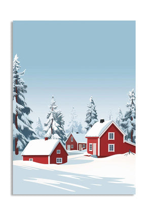 Winter scene with red houses and snow-covered trees on a blue sky background , as a premium aluminum metal print from GoMetalPrint.
