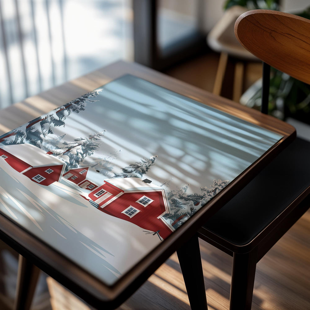 Winter scene with red houses and snow-covered trees on a blue sky background , as a premium aluminum metal print from GoMetalPrint.
