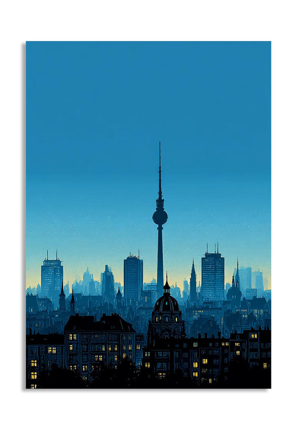 City skyline with prominent tower against a blue sky, as a premium aluminum metal print from GoMetalPrint.

