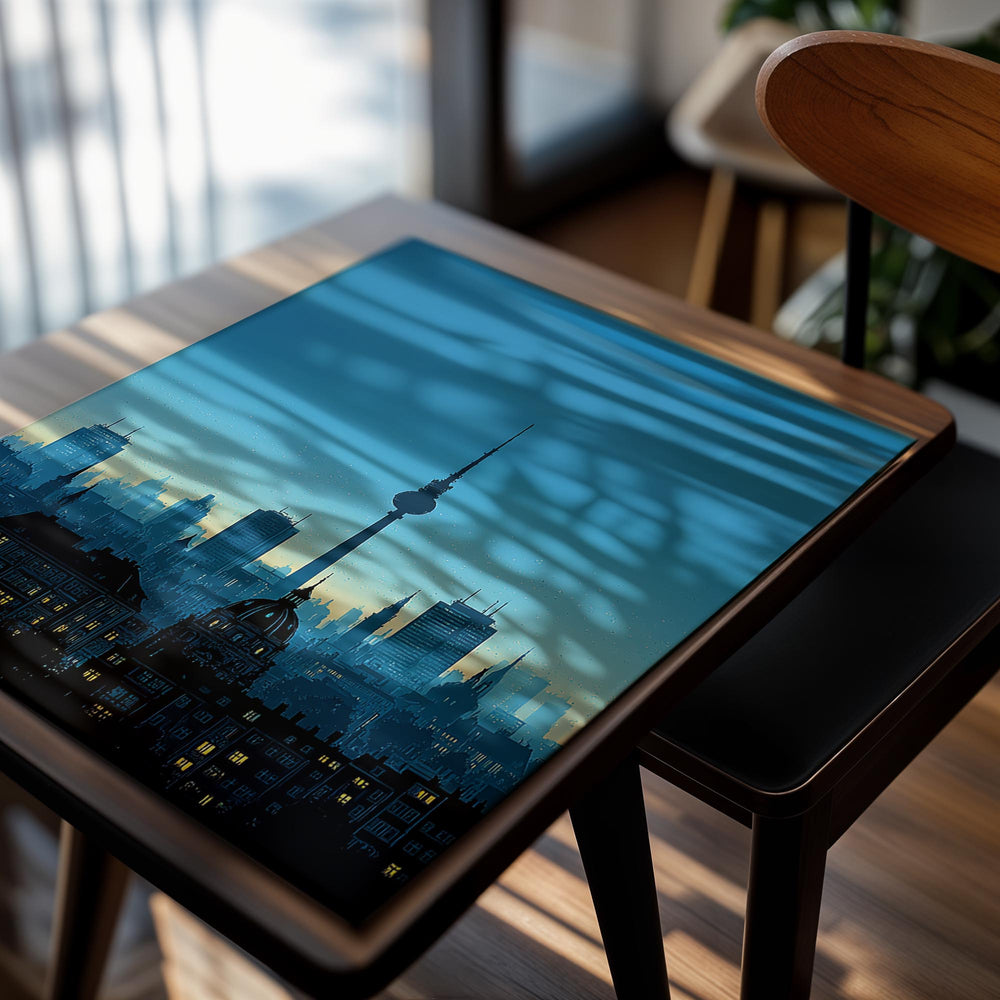 City skyline with prominent tower against a blue sky, as a premium aluminum metal print from GoMetalPrint.
