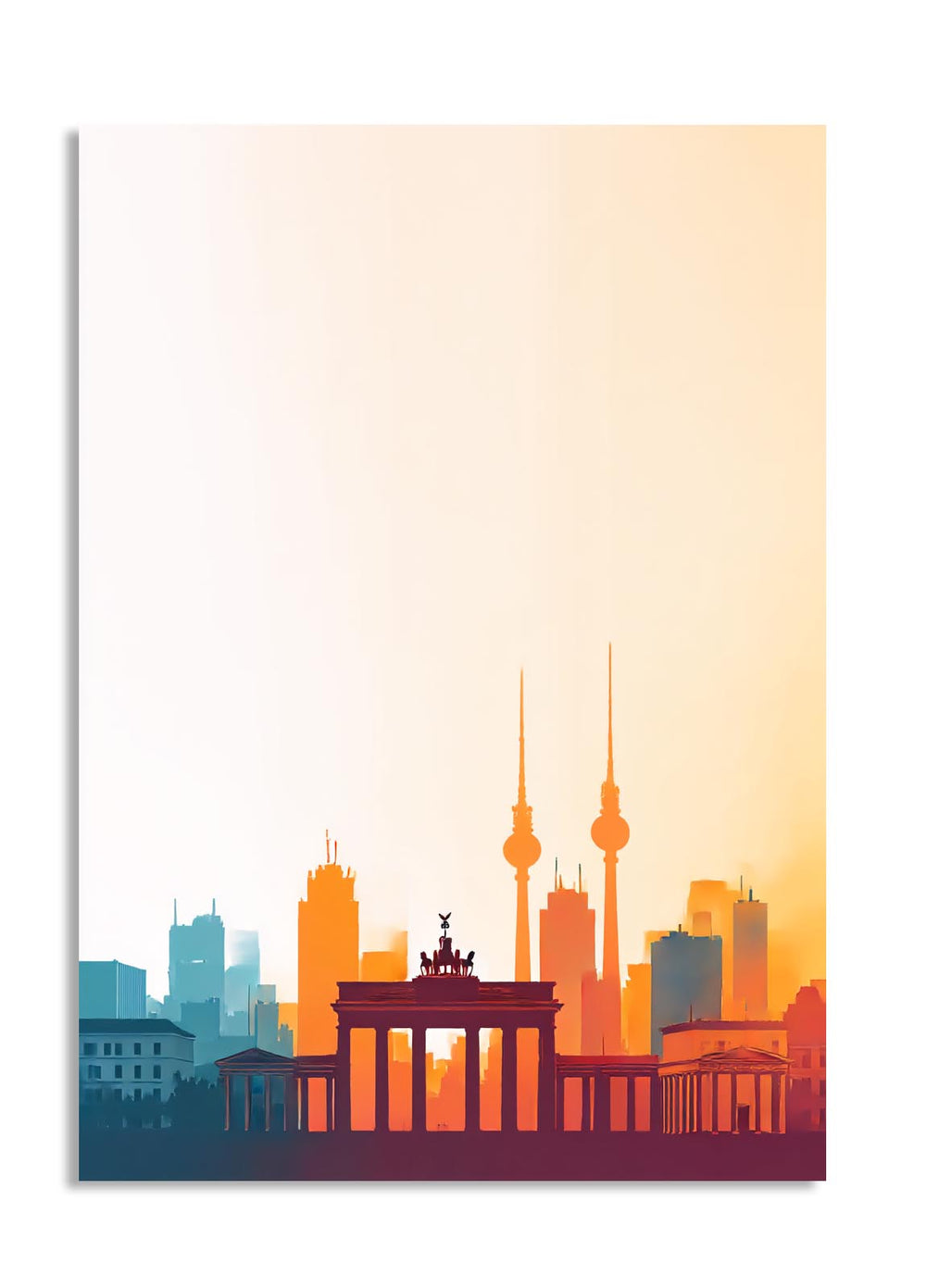 Colorful skyline illustration of a city with prominent buildings, including a famous landmark, on a gradient background, as a premium aluminum metal print from GoMetalPrint.
