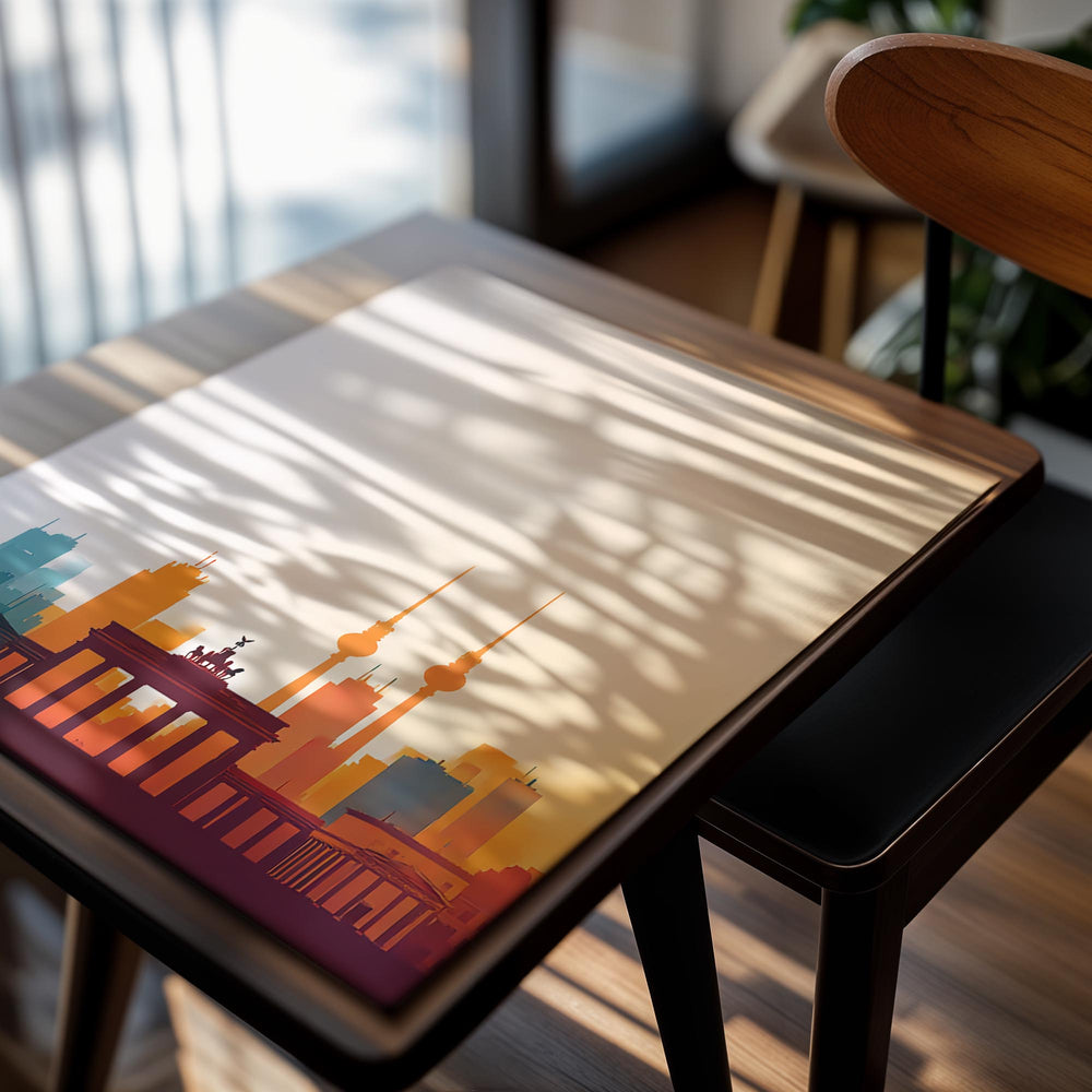 Colorful skyline illustration of a city with prominent buildings, including a famous landmark, on a gradient background, as a premium aluminum metal print from GoMetalPrint.
