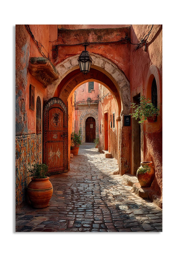 Winding cobblestone street with orange walls and potted plants in a Mediterranean-style setting, as a premium aluminum metal print from GoMetalPrint.
