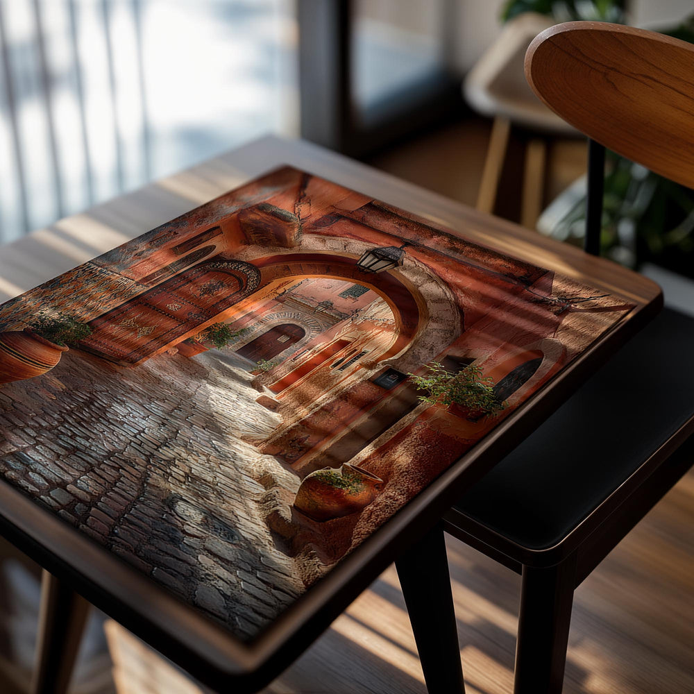 Winding cobblestone street with orange walls and potted plants in a Mediterranean-style setting, as a premium aluminum metal print from GoMetalPrint.
