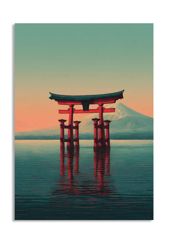 Traditional Japanese gate (torii) on a body of water with Mount Fuji in the background, as a premium aluminum metal print from GoMetalPrint.
