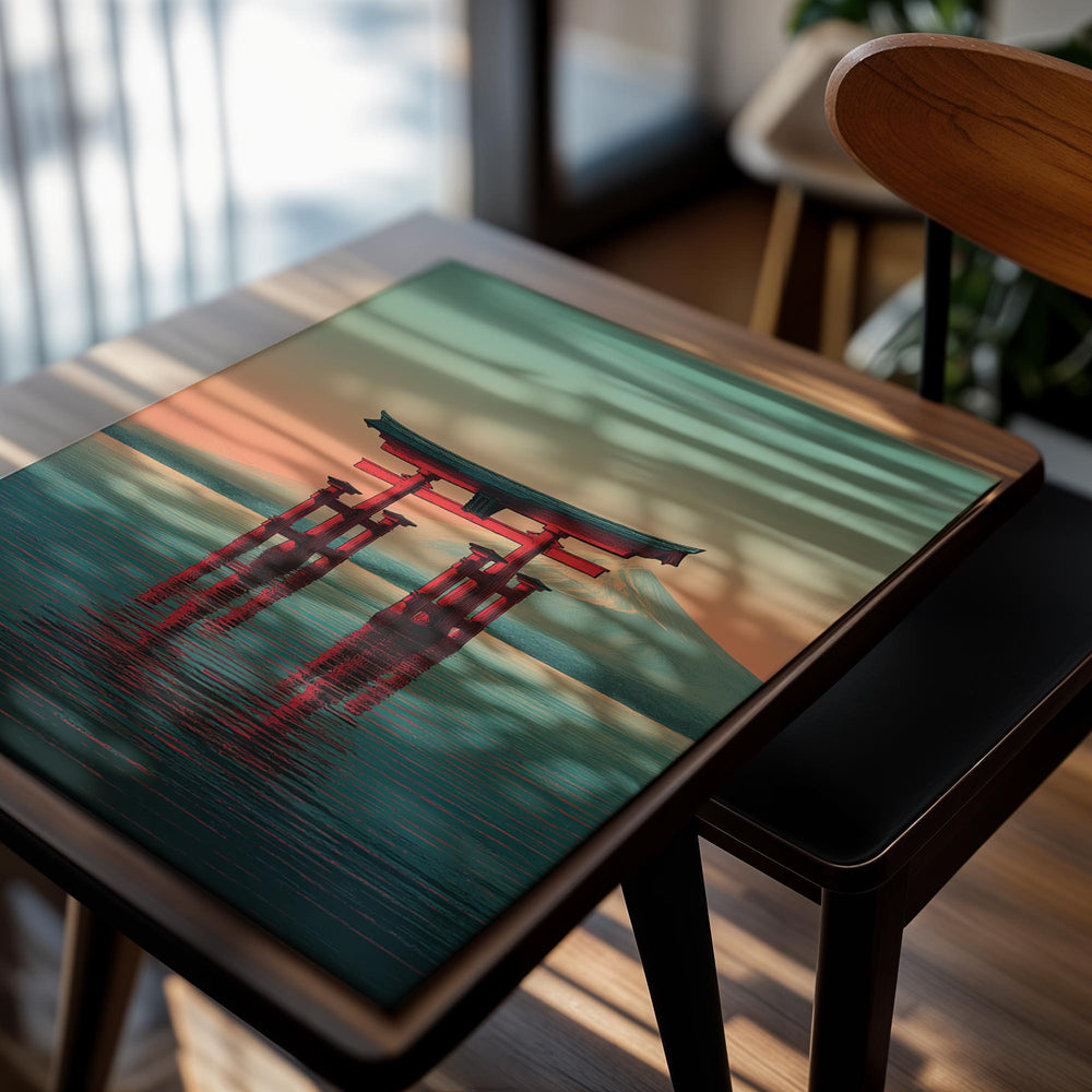 Traditional Japanese gate (torii) on a body of water with Mount Fuji in the background, as a premium aluminum metal print from GoMetalPrint.
