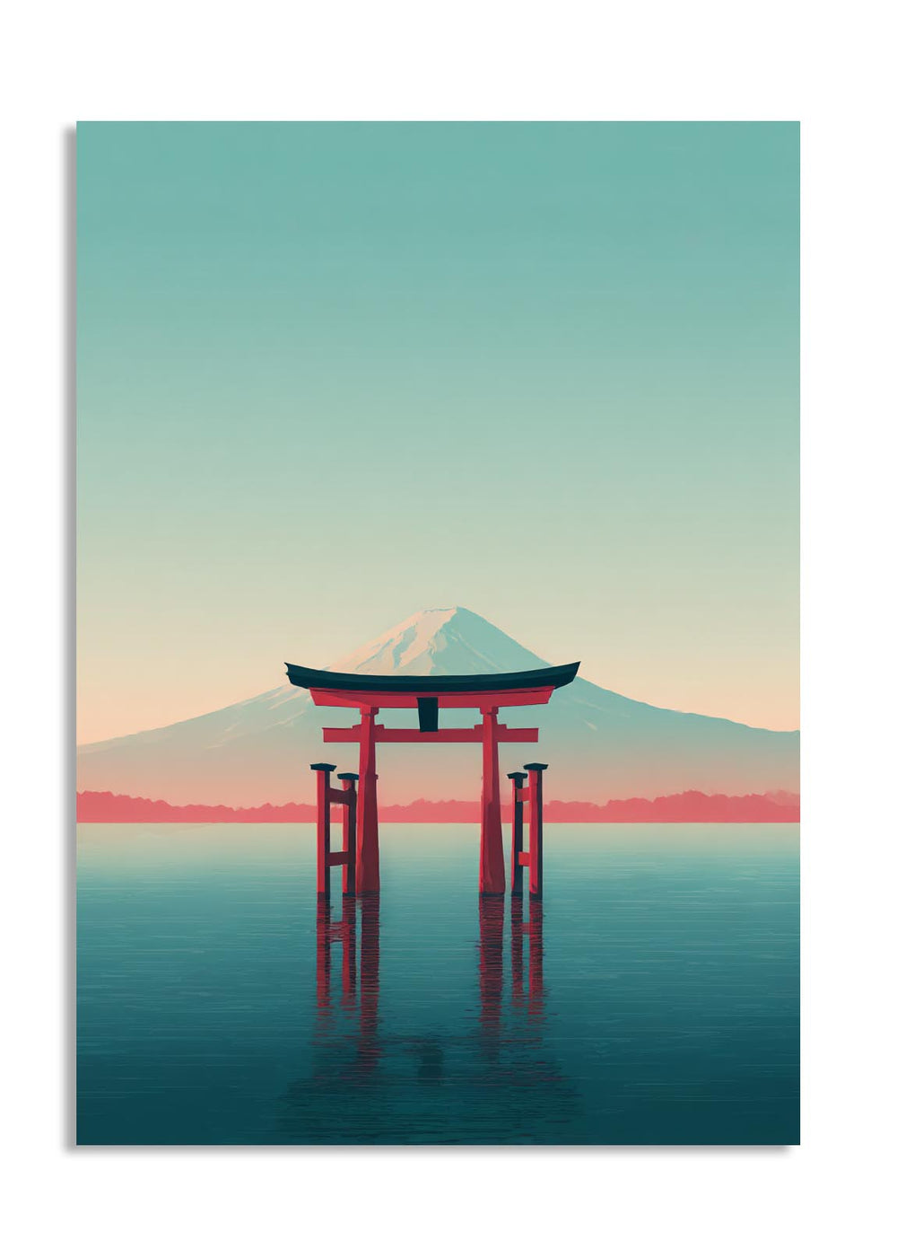 Red torii gate in front of Mount Fuji with a gradient sky, as a premium aluminum metal print from GoMetalPrint.
