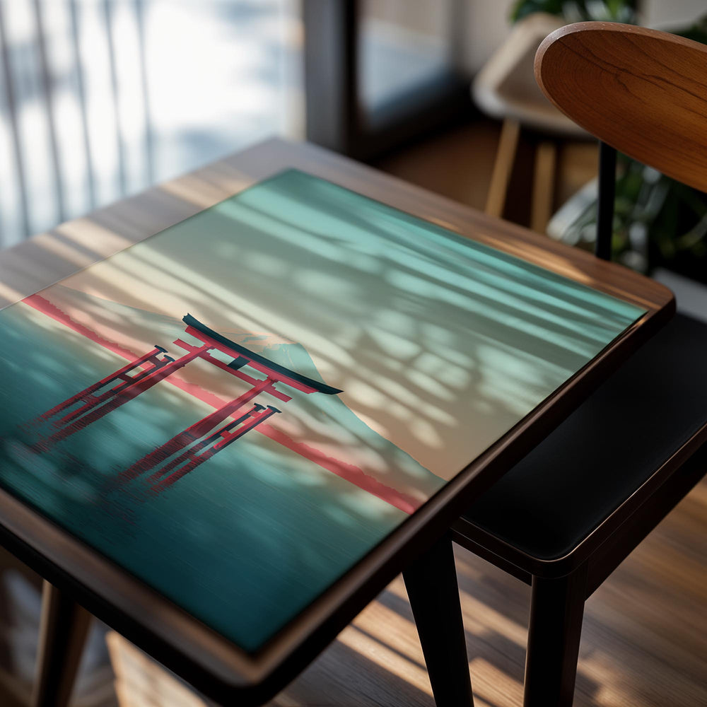Red torii gate in front of Mount Fuji with a gradient sky, as a premium aluminum metal print from GoMetalPrint.
