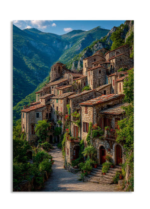 Vintage stone village with mountains in the background, as a premium aluminum metal print from GoMetalPrint.
