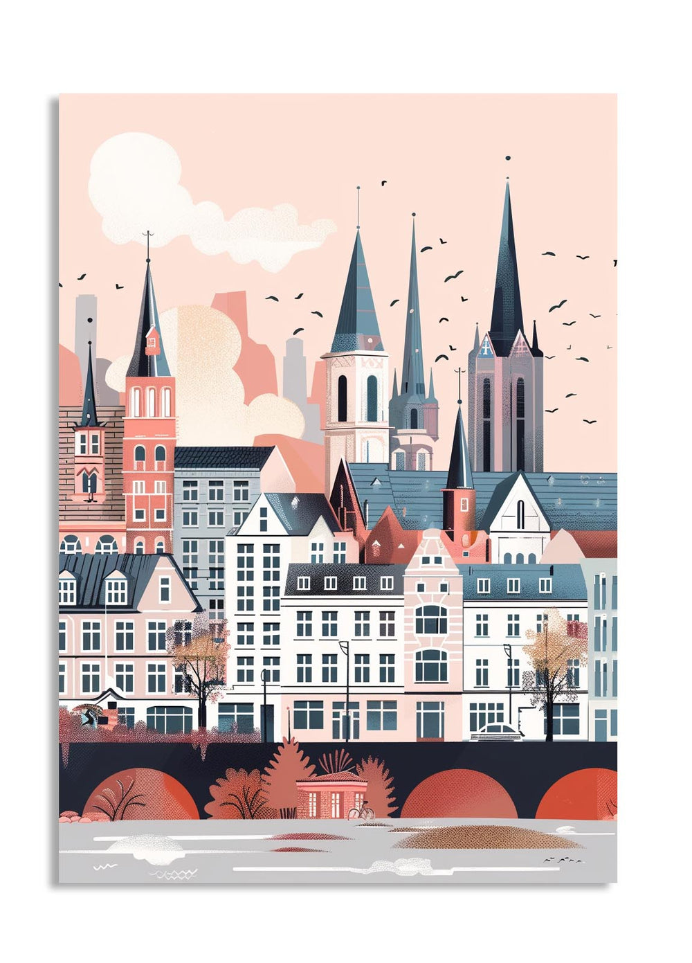 Illustration of a cityscape with tall buildings and a river, on a pink background, as a premium aluminum metal print from GoMetalPrint.
