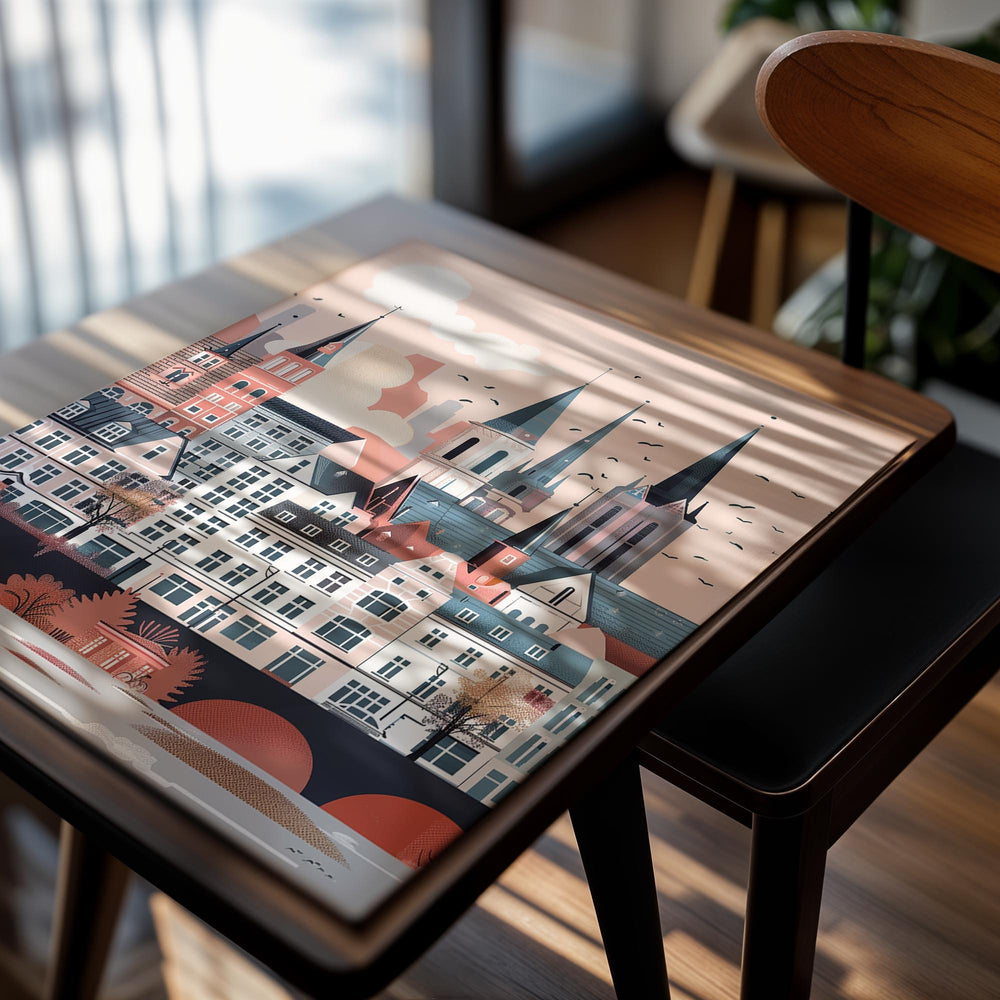 Illustration of a cityscape with tall buildings and a river, on a pink background, as a premium aluminum metal print from GoMetalPrint.
