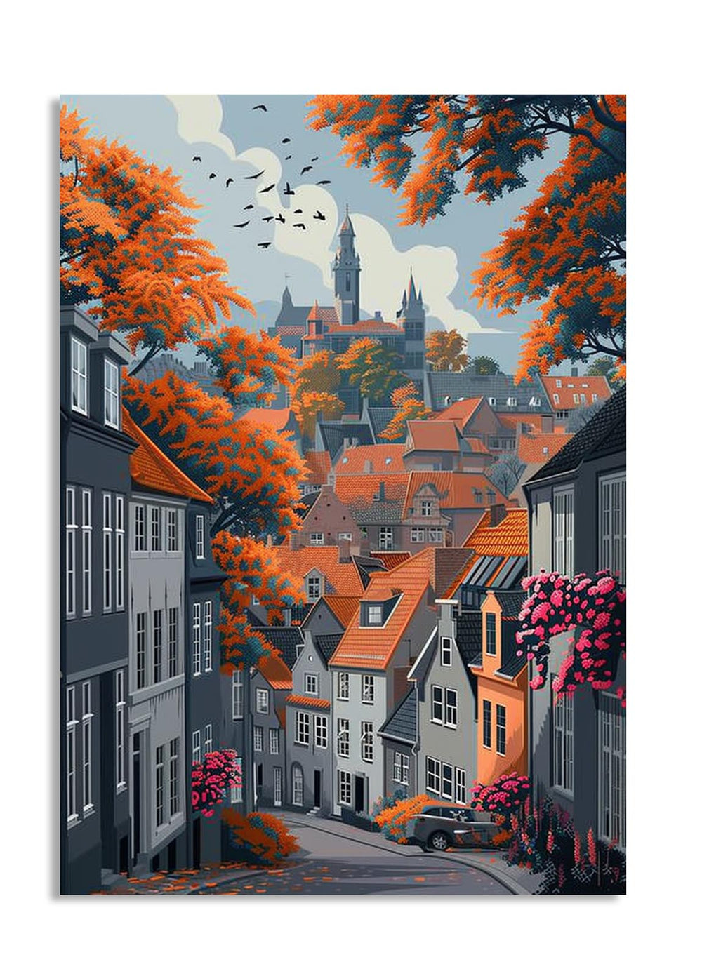 Illustration of a quaint European town with colorful houses and autumn foliage, as a premium aluminum metal print from GoMetalPrint.
