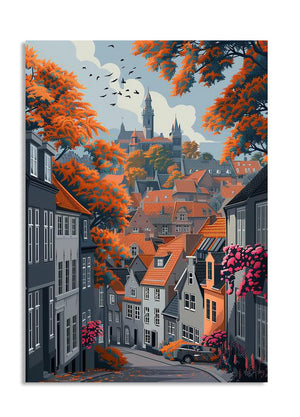 Illustration of a quaint European town with colorful houses and autumn foliage, as a premium aluminum metal print from GoMetalPrint.
