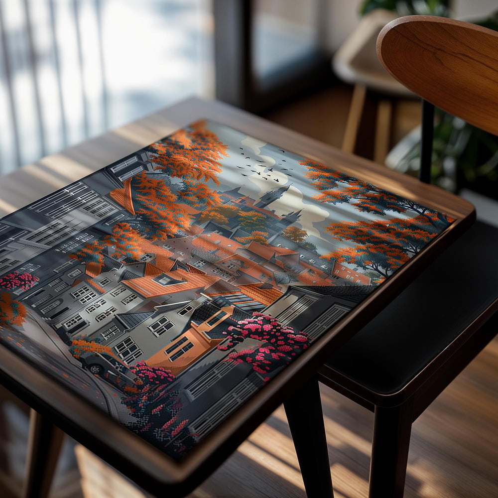 Illustration of a quaint European town with colorful houses and autumn foliage, as a premium aluminum metal print from GoMetalPrint.
