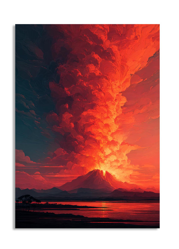 Vibrant sunset with a mountain silhouette and fiery red clouds, as a premium aluminum metal print from GoMetalPrint.
