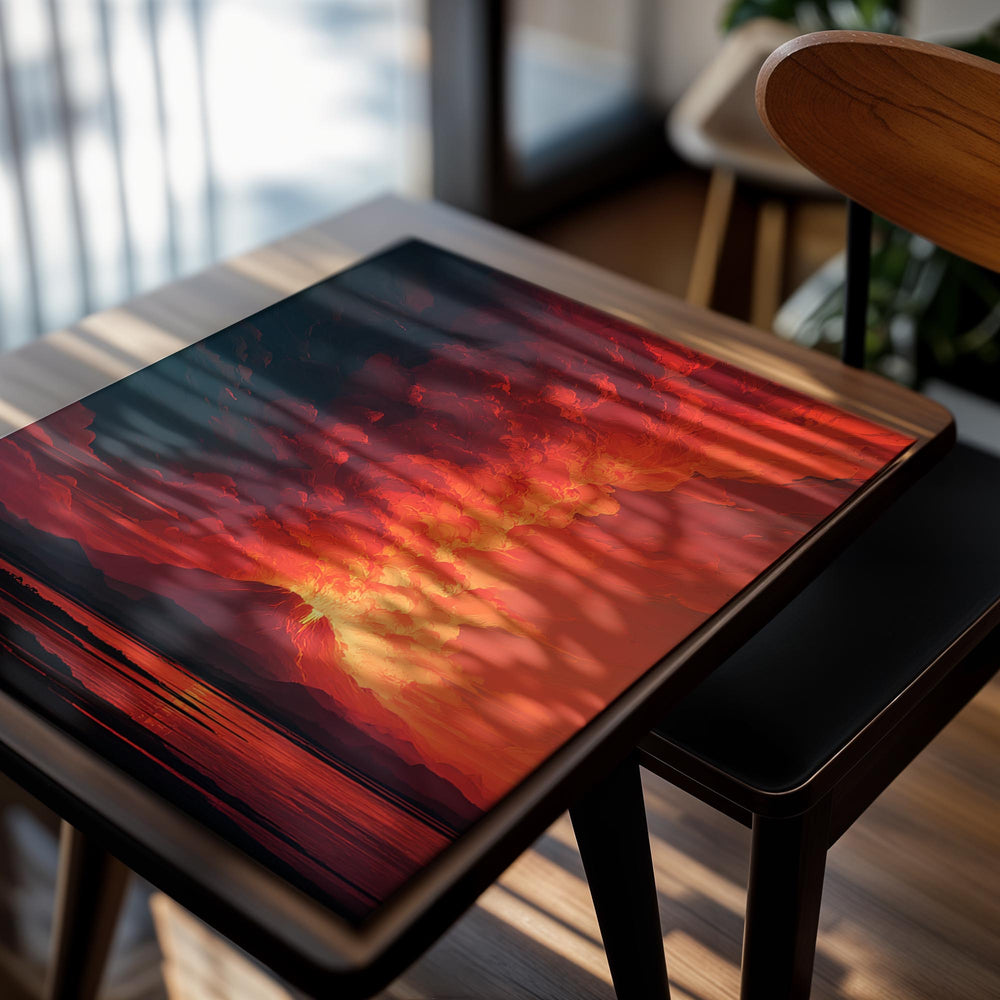 Vibrant sunset with a mountain silhouette and fiery red clouds, as a premium aluminum metal print from GoMetalPrint.
