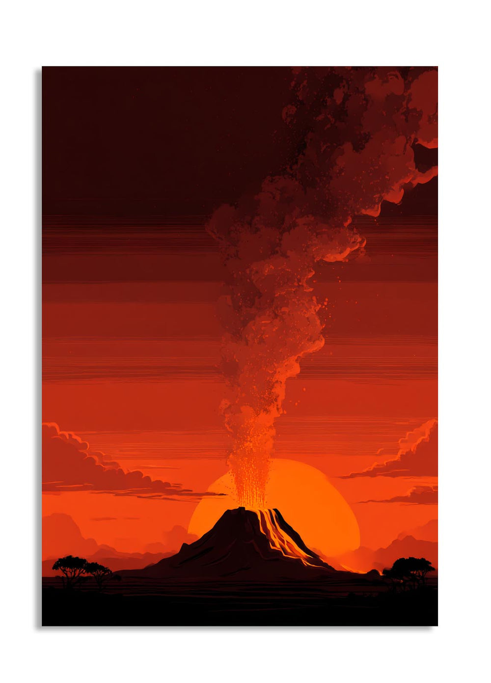 Volcano erupting with a fiery red sky and silhouette of a mountain, as a premium aluminum metal print from GoMetalPrint.
