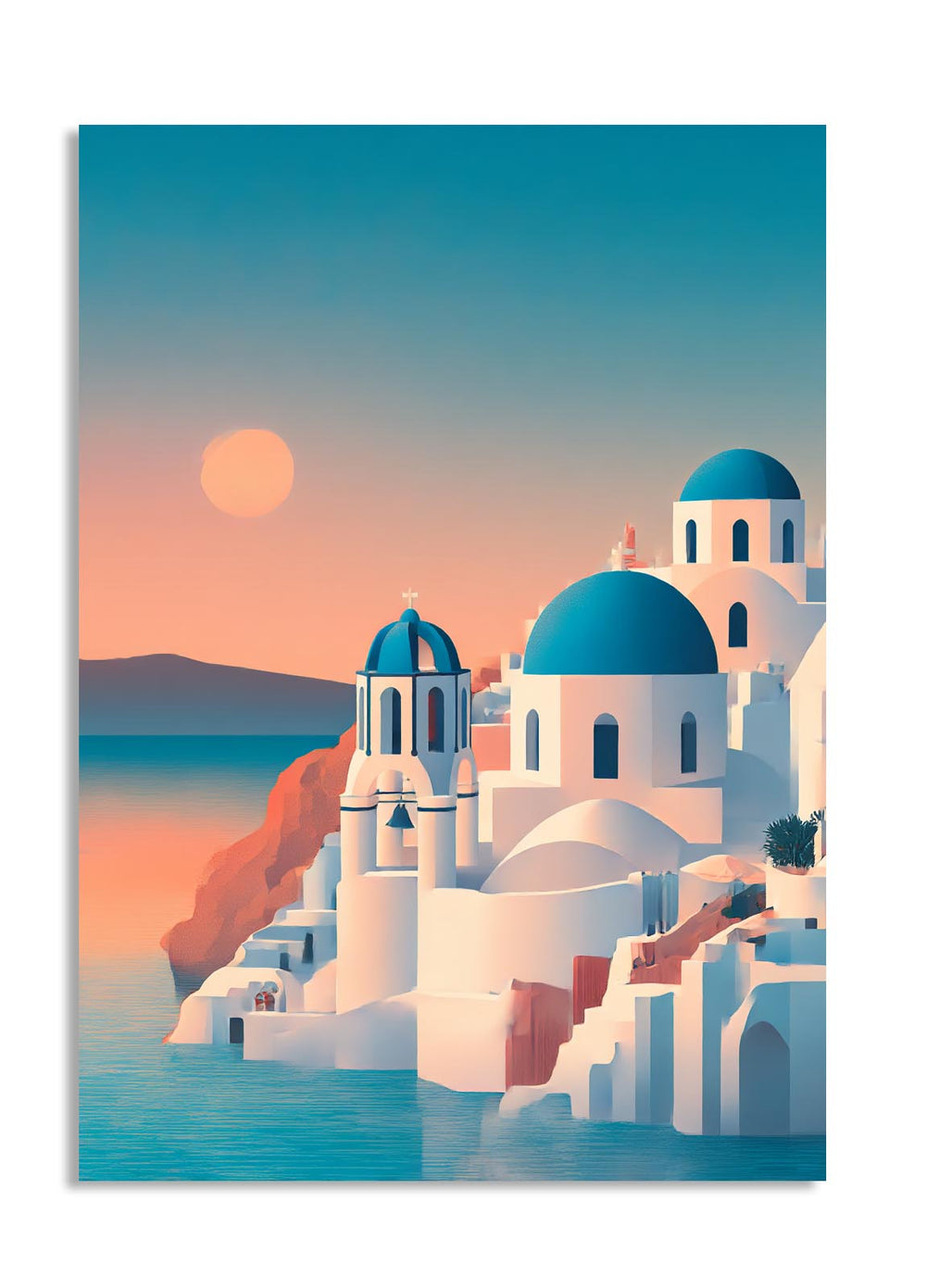 Greece-themed illustration with blue domes and white buildings by the sea, as a premium aluminum metal print from GoMetalPrint.
