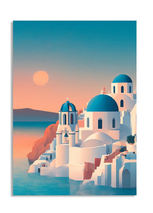 Greece-themed illustration with blue domes and white buildings by the sea, as a premium aluminum metal print from GoMetalPrint.
