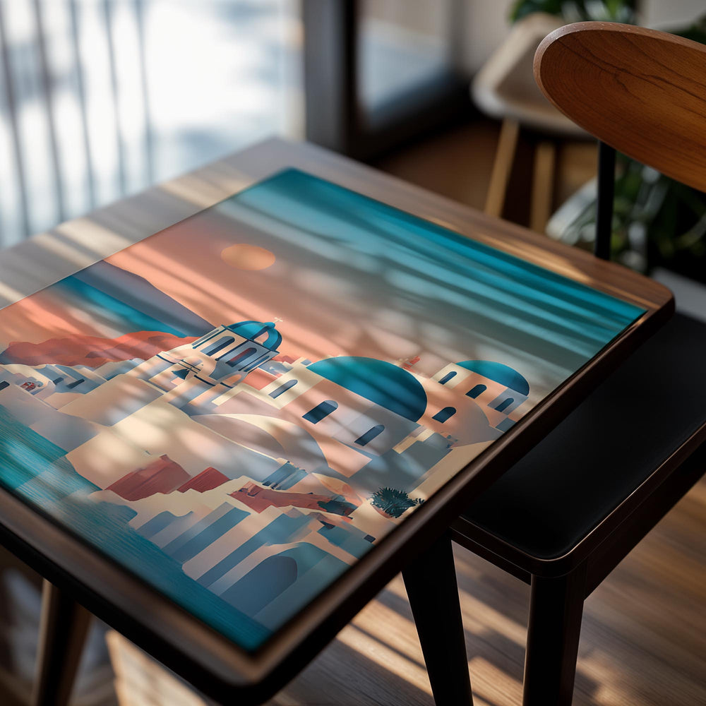 Greece-themed illustration with blue domes and white buildings by the sea, as a premium aluminum metal print from GoMetalPrint.
