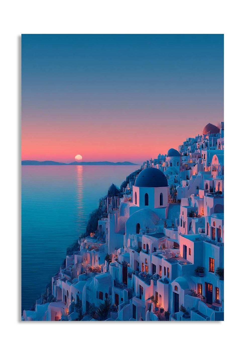 Village with white buildings and blue domes by the sea at sunset, as a premium aluminum metal print from GoMetalPrint.
