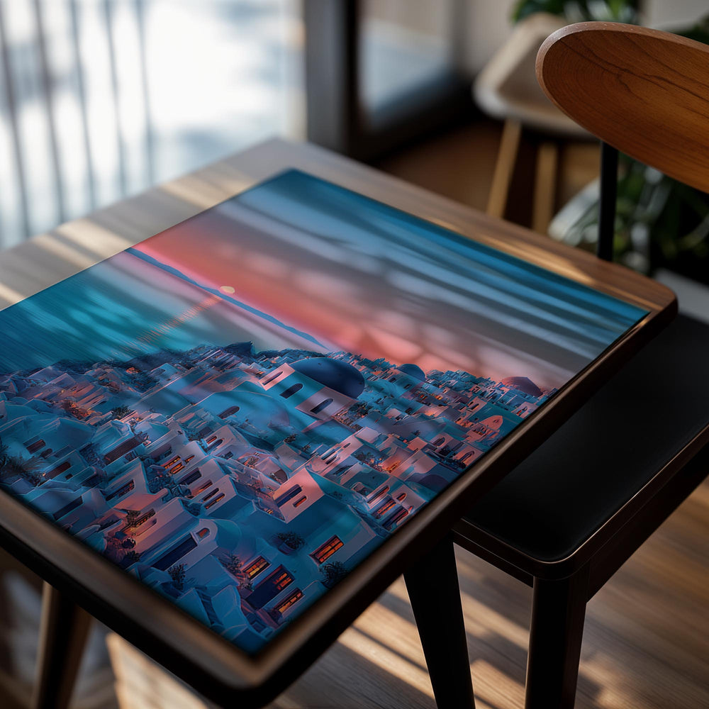 Village with white buildings and blue domes by the sea at sunset, as a premium aluminum metal print from GoMetalPrint.

