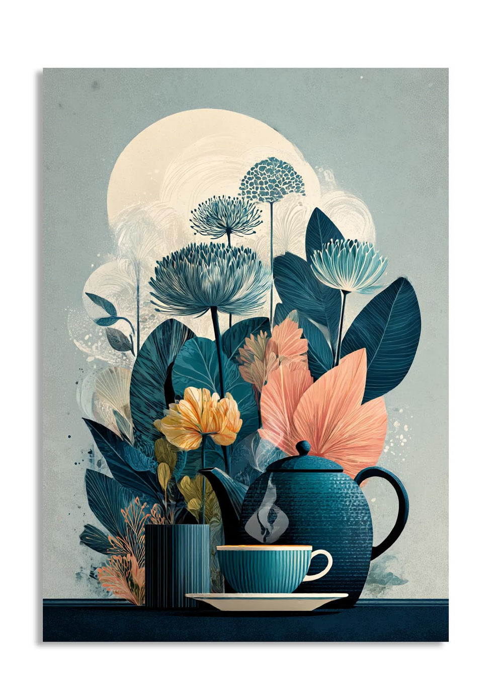 Illustration of a teapot and cups with flowers on a light gray background, as a premium aluminum metal print from GoMetalPrint.
