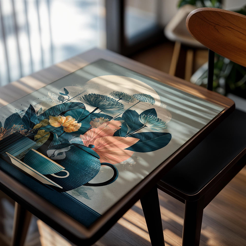 Illustration of a teapot and cups with flowers on a light gray background, as a premium aluminum metal print from GoMetalPrint.
