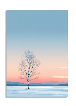 Lonely tree on a snowy landscape with a colorful sky, as a premium aluminum metal print from GoMetalPrint.
