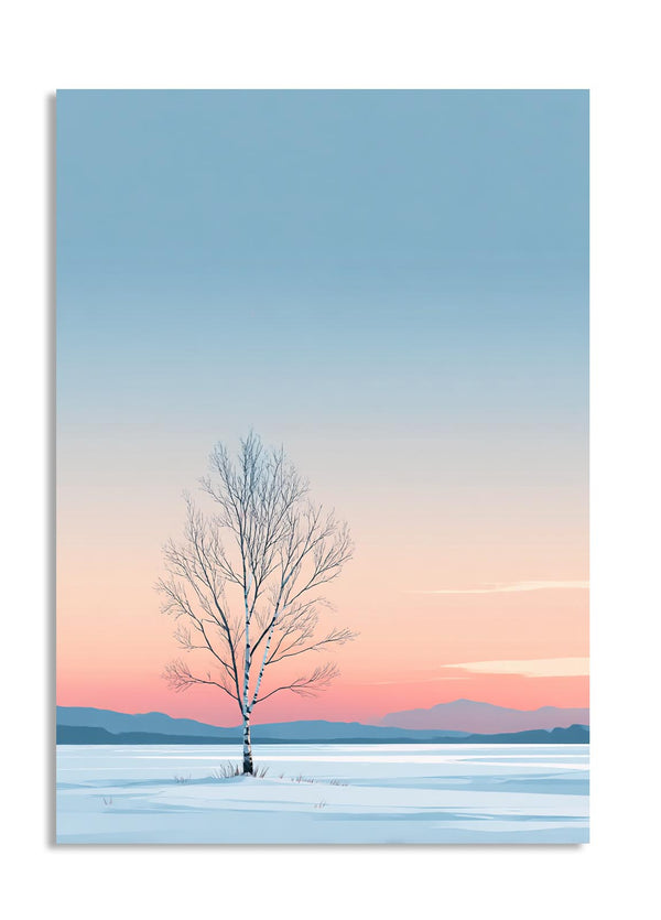 Lonely tree on a snowy landscape with a colorful sky, as a premium aluminum metal print from GoMetalPrint.
