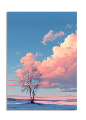 Tree in a snowy field with pink and blue clouds in the sky, as a premium aluminum metal print from GoMetalPrint.
