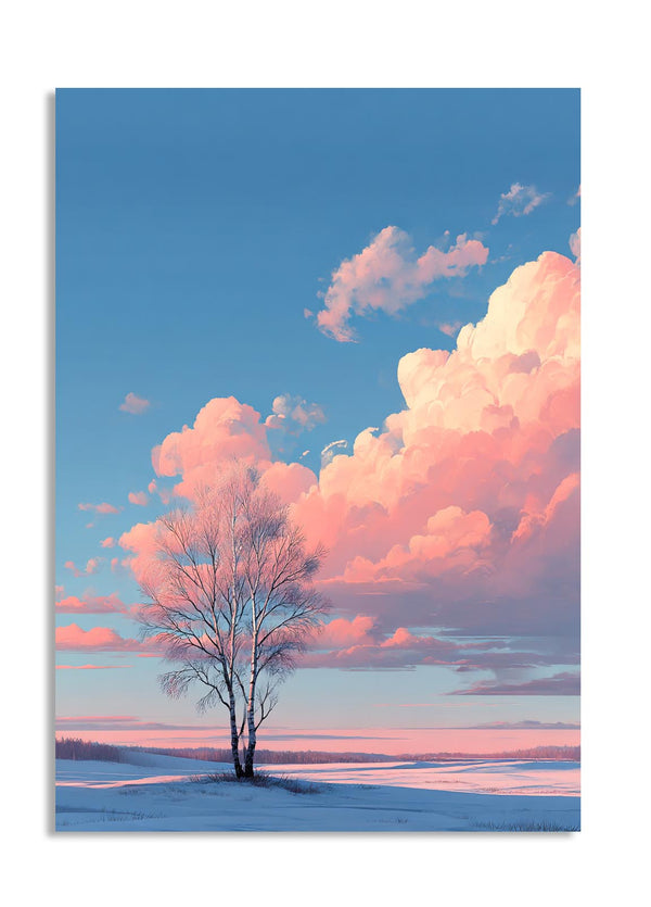 Tree in a snowy field with pink and blue clouds in the sky, as a premium aluminum metal print from GoMetalPrint.
