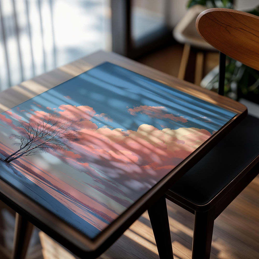 Tree in a snowy field with pink and blue clouds in the sky, as a premium aluminum metal print from GoMetalPrint.
