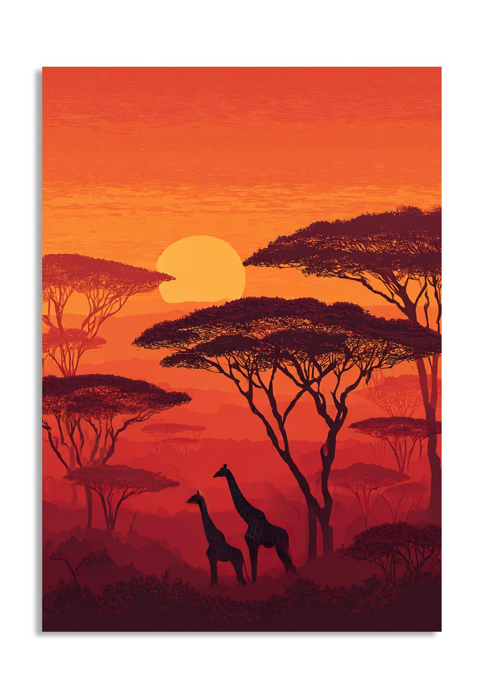 Safari scene with giraffes and acacia trees against an orange sunset sky, as a premium aluminum metal print from GoMetalPrint.
