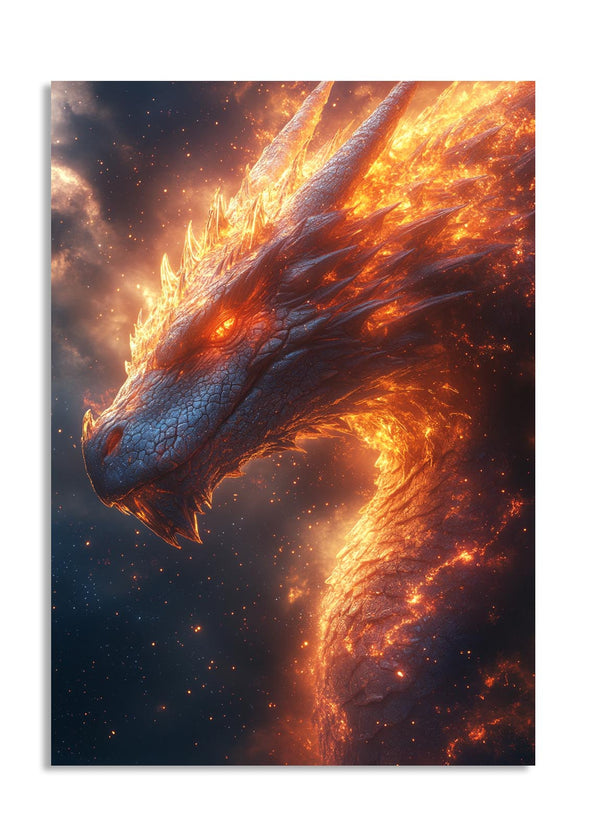 Dragon with fiery mane against a dark sky, as a premium aluminum metal print from GoMetalPrint.
