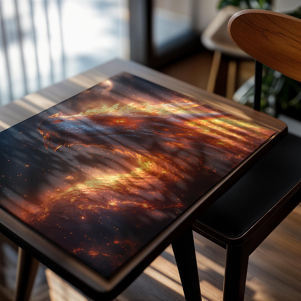 Dragon with fiery mane against a dark sky, as a premium aluminum metal print from GoMetalPrint.
